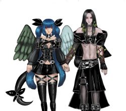 Rule 34 | 1boy, 1girl, bad id, blue hair, breasts, choker, dizzy (guilty gear), goth fashion, guilty gear, highres, large breasts, latex, midriff, moontears, tail, testament (guilty gear), thighhighs, wings