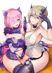 Rule 34 | animal ears, artoria pendragon (fate), artoria pendragon (lancer alter) (fate), artoria pendragon (lancer alter) (royal icing) (fate), babydoll, bare shoulders, bkko, black gloves, black legwear, black panties, blonde hair, blush, bow, braid, breast press, breasts, choker, cleavage, elbow gloves, fate/grand order, fate (series), french braid, fur-trimmed gloves, fur-trimmed legwear, fur collar, fur trim, garter belt, gloves, hair between eyes, hair bun, hair over one eye, halloween costume, highres, horns, interlocked fingers, jewelry, lace, lace-trimmed legwear, lace trim, large breasts, light purple hair, lingerie, long hair, looking at viewer, mash kyrielight, mash kyrielight (dangerous beast), navel, necklace, o-ring, official alternate costume, open mouth, panties, parted lips, pink bow, purple eyes, purple gloves, purple legwear, revealing clothes, short hair, sidelocks, simple background, single hair bun, sitting, smile, snowflake print, tail, thighhighs, thighs, underwear, white background, wolf ears, wolf girl, wolf tail, yellow eyes