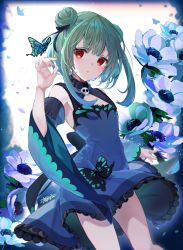 Rule 34 | 1girl, black bow, blue dress, blue hair, blush, bow, bug, butterfly, cleavage cutout, clothing cutout, detached sleeves, double bun, dress, flat chest, flower, frilled dress, frills, gradient hair, green hair, hair bow, hair bun, highres, hololive, insect, long sleeves, multicolored hair, open mouth, pi tayuko, red eyes, short dress, short hair with long locks, sidelocks, sleeveless, sleeveless dress, solo, uruha rushia, uruha rushia (1st costume), virtual youtuber, white flower, wide sleeves