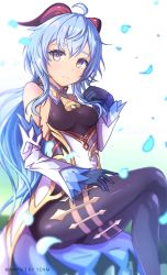 Rule 34 | 1girl, ahoge, ass, bare shoulders, bell, between breasts, black pantyhose, blue hair, blurry, blurry foreground, breasts, closed eyes, crossed legs, detached collar, detached sleeves, feet out of frame, ganyu (genshin impact), genshin impact, gloves, goat horns, gold trim, hair between eyes, highres, horns, long hair, looking at viewer, neck bell, pantyhose, parted lips, petals, purple eyes, sitting, small breasts, smile, thigh strap, thighs, yellow eyes, yenm