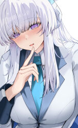 Rule 34 | 1girl, absurdres, blue archive, blue necktie, blush, breasts, collared shirt, fingernails, grey hair, highres, jacket, large breasts, long hair, long sleeves, looking at viewer, necktie, noa (blue archive), open clothes, open jacket, open mouth, purple eyes, san (harutuki 3), shirt, simple background, solo, two-sided fabric, two-sided jacket, upper body, white background, white jacket, white shirt