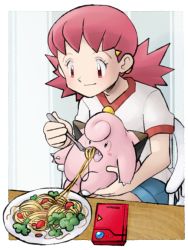 Rule 34 | 1girl, blush stickers, chair, clefairy, creatures (company), fang, feeding, food, fork, game freak, gen 1 pokemon, holding, holding fork, nark, nintendo, on lap, open mouth, pasta, pink eyes, pink hair, plate, pokedex, pokemon, pokemon (creature), pokemon hgss, shorts, sitting, smile, spaghetti, whitney (pokemon)