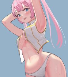Rule 34 | 1girl, angelic buster, armpits, arms up, blue eyes, blue horns, breasts, commentary request, cowboy shot, dragon horns, highres, horns, korean commentary, blue background, long hair, maplestory, medium breasts, mole, mole on breast, navel, open mouth, orangewink, panties, pink hair, solo, standing, sweat, teeth, twintails, underwear, white panties