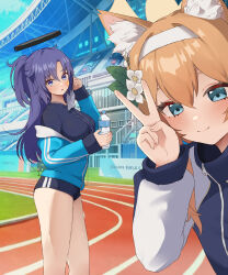 Rule 34 | 2girls, 7neet, absurdres, animal ear fluff, animal ears, blue archive, blue buruma, blue eyes, blue hair, blue jacket, blush, bottle, breasts, buruma, closed mouth, commentary, feet out of frame, flower, fox ears, gym uniform, hair between eyes, hair flower, hair ornament, hairband, halo, hand up, highres, holding, holding bottle, jacket, large breasts, long hair, long sleeves, looking at viewer, mari (blue archive), mari (track) (blue archive), mechanical halo, multiple girls, off shoulder, official alternate costume, open mouth, orange hair, ponytail, smile, stadium, standing, star sticker, sticker on face, thighs, track and field, v, water bottle, white hairband, yellow halo, yuuka (blue archive), yuuka (track) (blue archive)
