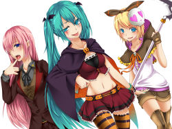 Rule 34 | 3girls, :p, aqua eyes, aqua hair, belt, blonde hair, blue eyes, boots, bracelet, colorized, cosplay, fang, fangs, goma azarasi, hatsune miku, jewelry, kagamine rin, long hair, looking at viewer, megurine luka, multiple girls, nail polish, navel, pink hair, pointy ears, scythe, short hair, simple background, skull, smile, striped clothes, striped legwear, striped thighhighs, thigh boots, thighhighs, tongue, tongue out, twintails, vocaloid, white background