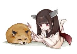 Rule 34 | 1girl, brown hair, closed mouth, colored eyelashes, commentary request, expressionless, feet up, fox, headgear, highres, japanese clothes, kimono, long hair, long sleeves, looking at animal, lying, on stomach, petting, red eyes, sidelocks, simple background, sleeping animal, socks, solo, tabi, touhoku kiritan, twintails, voiceroid, white background, white kimono, white socks, wide sleeves, yomiya setsu