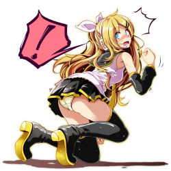 Rule 34 | 1girl, ^^^, ass, bare shoulders, black footwear, blonde hair, blue eyes, blush, boots, detached sleeves, eyes visible through hair, female focus, fingernails, from side, full body, future style (module), hand up, headset, high heel boots, high heels, highres, kagamine rin, long hair, looking back, microskirt, musical note, nail polish, nose blush, on one knee, open mouth, panties, pantyshot, project diva (series), sailor collar, shirt, simple background, skirt, sleeveless, sleeveless shirt, solo, spoken musical note, surprised, sweat, thigh boots, thighhighs, tsukishiro saika, underwear, very long hair, vocaloid, white background, yellow nails