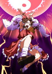 Rule 34 | 1girl, armpits, arms up, ascot, bow, brown eyes, brown footwear, brown hair, chest sarashi, convenient leg, detached sleeves, electricity, energy, foreshortening, frilled bow, frilled skirt, frills, from below, full body, hair bow, hair tubes, hair up, hakurei reimu, half updo, highres, inuno rakugaki, open mouth, orb, red bow, red ribbon, red shirt, red vest, ribbon, ribbon-trimmed sleeves, ribbon trim, sarashi, shirt, short hair, skirt, sleeveless, sleeveless shirt, socks, solo, touhou, upskirt, vest, white socks, wide sleeves, yellow ascot, yin yang, yin yang orb