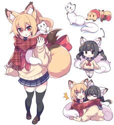 2girls animal_ear_fluff animal_ears animalization arrow_(symbol) bell black_hair black_thighhighs blonde_hair blue_skirt brown_eyes cardigan fox_ears fox_girl fox_tail full_body jingle_bell loafers long_hair miniskirt multiple_girls neckerchief original person_and_animalization plaid_clothes plaid_scarf pleated_skirt pom_pom_(clothes) ponytail red_eyes red_neckerchief red_scarf scarf shoes simple_background skirt standing suzuno_(suzuno3110) tail thighhighs twintails white_background yellow_cardigan