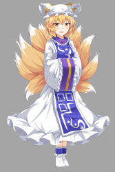 Rule 34 | 1girl, :d, animal hat, ankle garter, blonde hair, breasts, commentary request, dress, e.o., fox tail, frilled shirt collar, frilled sleeves, frills, full body, grey background, hair between eyes, hat, highres, long sleeves, looking at viewer, medium breasts, mob cap, multiple tails, no shoes, ofuda, open mouth, short hair, simple background, smile, socks, solo, standing, tabard, tail, touhou, white dress, white hat, white socks, wide sleeves, yakumo ran, yellow eyes