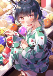 Rule 34 | + +, 10s, 1girl, :d, animal print, black feathers, blue hair, blush, cat print, checkered clothes, checkered kimono, commentary request, fang, feather hair ornament, feathers, hair ornament, hair up, holding, japanese clothes, kimono, looking at viewer, love live!, love live! school idol festival, love live! sunshine!!, open mouth, purple eyes, sandals, smile, solo, squatting, tipii, tsushima yoshiko, water balloon, yukata
