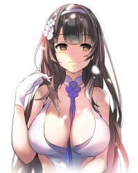 Rule 34 | 1girl, bad id, bad pixiv id, between breasts, black hair, blush, breasts, brown eyes, closed mouth, flower, girls&#039; frontline, gloves, hair flower, hair ornament, hairband, hand up, highres, large breasts, long hair, looking to the side, shade, simple background, smile, solo, suru (ksoo420), type 95 (girls&#039; frontline), upper body, white background, white flower, white gloves
