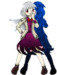 Rule 34 | 1girl, blush stickers, full body, grey hair, hand on own face, kishin sagume, legacy of lunatic kingdom, looking at viewer, lowres, official art, red eyes, shadow, simple background, single wing, solo, touhou, transparent background, wings, zun (artist)