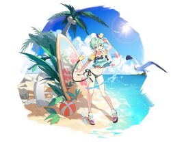 Rule 34 | 1girl, :d, absurdres, animal, arm up, ball, beach, beachball, bikini, bird, black footwear, breasts, coconut, collarbone, commentary request, day, glasses, green eyes, green hair, hair between eyes, highres, horizon, innertube, light bulb, looking at viewer, medium breasts, navel, ocean, open mouth, palm tree, pandoria (beach date) (xenoblade), pandoria (xenoblade), pointy ears, puffy short sleeves, puffy sleeves, round eyewear, sandals, seagull, ship&#039;s wheel, short sleeves, side-tie bikini bottom, smile, solo, standing, stephanieh81080, striped bikini, striped clothes, swim ring, swimsuit, tree, water, xenoblade chronicles (series), xenoblade chronicles 2