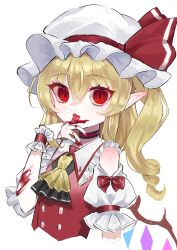 Rule 34 | 1girl, aorin oekaki, ascot, blonde hair, blood, blood on hands, fang, flandre scarlet, hat, hat ribbon, highres, licking blood, mob cap, one side up, pointy ears, red eyes, red vest, ribbon, side ponytail, skin fang, tongue, touhou, vest, white headwear, wings, wrist cuffs, yellow ascot
