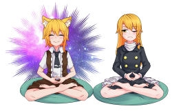 Rule 34 | 2girls, ahoge, animal ear fluff, animal ears, asymmetrical hair, barefoot, black jacket, black neckwear, black skirt, blonde hair, blush, bow, braid, brown skirt, brown vest, buttons, closed mouth, collared shirt, commentary request, cookie (touhou), double-breasted, fox ears, fox girl, fox tail, full body, jacket, kirisame marisa, long hair, long sleeves, looking at another, looking to the side, lotus position, meditation, medium hair, miramikaru riran, multiple girls, necktie, no headwear, open mouth, pillow, purple bow, rei (cookie), shirt, short sleeves, side braid, sidelocks, simple background, single braid, sitting, skirt, smile, tail, touhou, turtleneck, vest, white shirt, yan pai