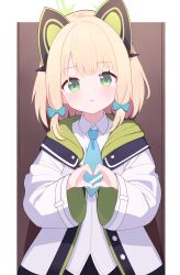 Rule 34 | 1girl, absurdres, animal ear headphones, animal ears, black shorts, blonde hair, blue archive, blue bow, blue necktie, blush, bow, cat ears, collared shirt, commentary request, fake animal ears, green eyes, green halo, halo, headphones, heart, heart hands, highres, hood, hooded jacket, jacket, looking at viewer, midori (blue archive), necktie, open clothes, open jacket, shirao shiki, shirt, shorts, solo, upper body, white jacket, white shirt, wooden door