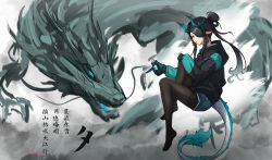 Rule 34 | &#039;free&#039; (arknights), 1girl, :p, absurdres, alternate costume, alternate hairstyle, arknights, arm tattoo, black hair, black pantyhose, black sweater, chinese text, colored skin, dragon, dragon girl, dragon horns, dragon tail, dusk (arknights), earrings, flame-tipped tail, green hair, green shorts, green skin, green sweater, hair over one eye, highres, horns, jewelry, long sleeves, looking at viewer, monster, multicolored hair, pantyhose, pointy ears, ponytail, red eyes, shorts, shoshu, solo, streaked hair, sweater, tail, tassel, tassel earrings, tattoo, thighband pantyhose, tongue, tongue out, translation request, two-tone sweater