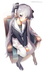 Rule 34 | 1girl, absurdres, armchair, black footwear, black pantyhose, blush, brooch, chair, commentary request, grey hair, hair ribbon, highres, ichimi renge, jewelry, loafers, long hair, long sleeves, looking at viewer, mole, mole on neck, neck ribbon, original, own hands together, pantyhose, parted lips, pointy ears, purple eyes, ribbon, sailor collar, shoes, simple background, sitting, skirt, solo, twintails, v arms, vampire, very long hair, white background, white skirt
