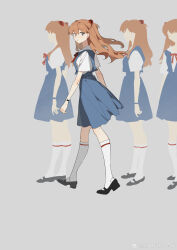 Rule 34 | 4girls, absurdres, black footwear, blue eyes, blue sky, blue vest, bow, bowtie, brown hair, chinese commentary, clone, collared shirt, commentary request, eyelashes, faceless, faceless female, from side, grey background, hair lift, hair ribbon, highres, kneehighs, long hair, looking at viewer, mary janes, miniskirt, multiple girls, neon genesis evangelion, no lineart, open clothes, open vest, parted lips, pleated skirt, red bow, red bowtie, red ribbon, ribbon, school uniform, shirt, shoes, short sleeves, simple background, skirt, sky, socks, souryuu asuka langley, tokyo-3 middle school uniform, vest, walking, watch, white shirt, white sleeves, white socks, wind, wind lift, wristwatch, zhibuji loom