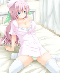 Rule 34 | 1girl, bed, blue eyes, bra, breasts, chro, cleavage, collarbone, curtains, green panties, hat, hospital bed, indoors, nurse, nurse cap, open clothes, open shirt, original, panties, pink hair, shirt, short sleeves, sitting, solo, thighhighs, underwear, wariza, white bra, white thighhighs