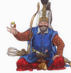 Rule 34 | 1boy, arrow (projectile), beard, bow (weapon), cleft chin, closed eyes, facial hair, facing viewer, food, grin, hat, highres, holding, holding food, indian style, janissary, male focus, mossacannibalis, mustache, original, pants, plume, quiver, red pants, scabbard, sheath, simple background, sitting, smile, solo, weapon, white background