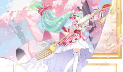 Rule 34 | 1girl, :d, absurdres, amicis (amisic), day, detached sleeves, feet out of frame, fork, green eyes, green hair, hair between eyes, happy birthday, hatsune miku, highres, holding, holding fork, long hair, long sleeves, looking at viewer, open mouth, outdoors, oversized object, petals, plaid, plaid skirt, puffy long sleeves, puffy sleeves, ribbon-trimmed legwear, ribbon-trimmed thighhighs, ribbon trim, shirt, skirt, sleeveless, sleeveless shirt, sleeves past wrists, smile, solo, strawberry miku (morikura), thighhighs, tree, twintails, very long hair, vocaloid, white shirt, white skirt, white sleeves, white thighhighs
