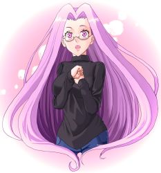 Rule 34 | blush, breasts, denim, eyelashes, fate/stay night, fate (series), glasses, highres, jeans, large breasts, lips, long hair, medusa (fate), medusa (rider) (fate), nono (noppodesu), noppodesu, official alternate costume, open mouth, pants, purple eyes, purple hair, square pupils, turtleneck, very long hair