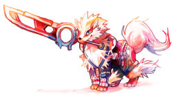 Rule 34 | arcanine, blue eyes, closed mouth, clothed pokemon, commentary, creature, creatures (company), english commentary, full body, game freak, gen 1 pokemon, lady kuki, mouth hold, nintendo, no humans, pokemon, pokemon (creature), shulk (xenoblade), simple background, smile, solo, standing, sword, weapon, white background, xenoblade chronicles 1, xenoblade chronicles (series)