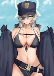 Rule 34 | 1girl, absurdres, alternate costume, areola slip, belt, bikini, black belt, black bikini, black coat, black gloves, blue archive, blush, breasts, cleavage, coat, collarbone, commentary request, eyepatch, gloves, green eyes, grey hair, hair between eyes, halo, hat, highres, holding, holding clothes, holding coat, hot, large breasts, long hair, long sleeves, looking at viewer, navel, nuts (hazel-nuts), open clothes, open coat, opened by self, peaked cap, sidelocks, simple background, solo, spaghetti strap, steam, stomach, suou (blue archive), sweat, swimsuit, undressing