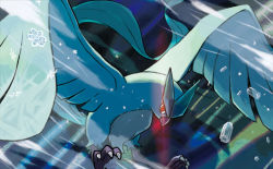 Rule 34 | animal focus, articuno, bird, brown eyes, claws, commentary, creature, creatures (company), english commentary, flying, full body, game freak, gen 1 pokemon, ice, legendary pokemon, looking at viewer, nintendo, no humans, official art, oomura yuusuke, pokemon, pokemon (creature), pokemon tcg, snowflakes, solo, third-party source, wind