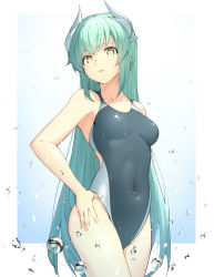 Rule 34 | 1girl, arata (noneetyesnito), blue background, competition swimsuit, covered navel, cowboy shot, fate/grand order, fate (series), gradient background, green hair, hand on own hip, highres, horns, kiyohime (fate), long hair, one-piece swimsuit, simple background, solo, swimsuit, swimsuit tug, very long hair, water, water drop, white background, yellow eyes
