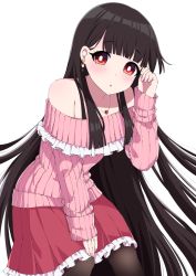 Rule 34 | 1girl, :o, adapted costume, bare shoulders, black hair, black thighhighs, blunt bangs, blush, bright pupils, commentary request, cowboy shot, earrings, frills, highres, houraisan kaguya, jewelry, leaning forward, long hair, looking at viewer, miniskirt, off-shoulder sweater, off shoulder, pendant, pink sweater, rabbit earrings, red eyes, red skirt, ribbed sweater, simple background, skirt, solo, sweater, thighhighs, touhou, tsukimirin, white background