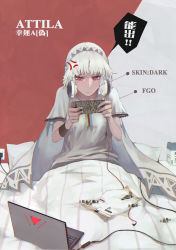 Rule 34 | 10s, 1girl, absurdres, altera (fate), alternate costume, bad id, bad pixiv id, blanket, candy, candy wrapper, character name, commentary request, computer, copyright name, dark-skinned female, dark skin, english text, fate/extella, fate/extra, fate/grand order, fate (series), food, grey shirt, headphones, headphones around neck, highres, holding, laptop, pillow, playing games, red eyes, reroi, revision, shirt, sitting, solo, speech bubble, sweat, translation request, two-tone background, under covers, veil, white hair