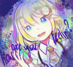 Rule 34 | 1girl, blonde hair, blue eyes, collared shirt, english text, hair ornament, highres, hololive, hololive english, looking at viewer, medium hair, necktie, open mouth, orange necktie, shirt, smile, solo, stalkeralker, syringe, virtual youtuber, watson amelia, white shirt