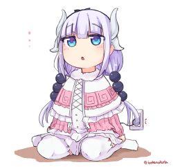 Rule 34 | 10s, 1girl, beads, blue eyes, blush, capelet, commentary request, dragon girl, electric plug, electrical outlet, full body, gradient hair, hair beads, hair ornament, hairband, highres, horns, kanna kamui, kobayashi-san chi no maidragon, long hair, multicolored hair, okota mikan, recharging, solo, tail, thighhighs, twintails, white thighhighs