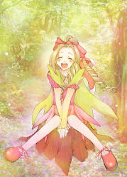 Rule 34 | 1girl, 1st-mn, :d, blonde hair, bow, dress, drill hair, closed eyes, forest, hair bow, long hair, nature, open mouth, original, sitting, smile, solo, split ponytail, tree stump, twin drills, v arms