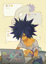 Rule 34 | 1boy, black hair, black sclera, bracelet, chat log, collarbone, colored sclera, colored skin, commentary request, computer, cup, disposable cup, drinking straw, emoji, giving up the ghost, green eyes, hair over one eye, highres, jewelry, laptop, male focus, mouse (computer), nintendo, one eye covered, orange skin, p-pepper, parted lips, ring, shirt, short sleeves, simple background, sitting, solo, spiked hair, splatoon (series), splatoon 3, spyke (splatoon), sticker, super sea snail, t-shirt, table, text messaging, torn clothes, torn shirt, trembling, white shirt, yellow background