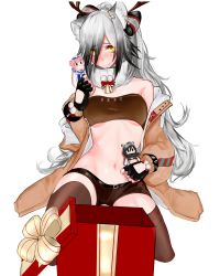 Rule 34 | 1girl, absurdres, animal ear fluff, animal ears, arknights, bad id, bad pixiv id, bandeau, bare shoulders, black bow, black gloves, black shorts, black thighhighs, blush, bow, box, breasts, brown jacket, cat ears, ceylon (arknights), character doll, commentary, fake antlers, fingerless gloves, gift, gift box, gloves, hair bow, hair over one eye, hand up, highres, holding, jacket, long hair, long sleeves, looking at viewer, medium breasts, micro shorts, midriff, minew (zpky5744), navel, off shoulder, official alternate costume, open clothes, open jacket, schwarz (arknights), schwarz (presents) (arknights), shorts, silver hair, simple background, solo, stomach, strapless, thighhighs, thighs, tube top, turtleneck, white background, yellow eyes