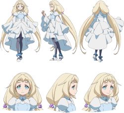 Rule 34 | 1girl, blonde hair, blue eyes, character sheet, dress, eve (gundam build divers re:rise), gundam, gundam build divers, gundam build divers re:rise, highres, long hair, looking at viewer, multiple views, official art, pantyhose, transparent background, twintails, very long hair, white dress