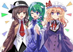 Rule 34 | 3girls, :d, ;d, arm around shoulder, black hat, black skirt, blonde hair, blue eyes, blue skirt, bow, bowtie, brooch, brown coat, brown eyes, brown hair, coat, collared shirt, commentary request, detached sleeves, dress, e.o., fedora, frilled sleeves, frills, frog hair ornament, green hair, hair bow, hair ornament, hair ribbon, hand on another&#039;s shoulder, hat, hat bow, jewelry, kochiya sanae, long hair, long sleeves, maribel hearn, mob cap, multiple girls, necktie, one eye closed, open mouth, purple dress, purple eyes, red bow, red bowtie, red necktie, ribbon, shirt, skirt, smile, snake hair ornament, touhou, trench coat, tress ribbon, usami renko, white background, white bow, white hat, white shirt, wide sleeves