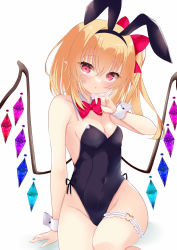 Rule 34 | 1girl, :o, animal ears, bare legs, bare shoulders, black bow, black bowtie, black leotard, blonde hair, blush, bow, bowtie, breasts, cleavage, crystal, detached collar, fake animal ears, flandre scarlet, hair between eyes, leotard, looking at viewer, medium hair, rabbit ears, red eyes, side ponytail, simple background, sitting, small breasts, solo, thighs, tosakaoil, touhou, white background, wings, wrist cuffs