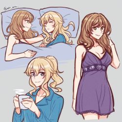 Rule 34 | 2girls, akamirai, alternate costume, artist name, bed, blonde hair, blue eyes, blue shirt, breasts, casual, cleavage, collarbone, commentary, cup, dress, english commentary, genshin impact, green eyes, hair down, holding, holding cup, jean (genshin impact), light brown hair, lisa (genshin impact), long hair, long sleeves, looking at viewer, multiple girls, nightgown, parted lips, pillow, ponytail, purple dress, shirt, sidelocks, sideways glance, sleeping, smile, spaghetti strap, twitter username, under covers, yuri