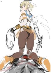 Rule 34 | 1boy, 1girl, armor, ass, bdsm, black panties, blonde hair, blood, breasts, brown pantyhose, bulge, cape, cassandra alexandra, character request, cum, defeat, dress, ejaculation, ejaculation under clothes, expressionless, femdom, from behind, gauntlets, high ponytail, highleg, highleg panties, highres, holding, holding shield, holding sword, holding weapon, large breasts, looking back, looking down, orange dress, orange footwear, panties, pantyhose, partially colored, seset, shield, short hair, shoulder armor, shoulder pads, sidelocks, simple background, soul calibur, sweatdrop, sword, underwear, unfinished, upskirt, weapon, white background, wristband