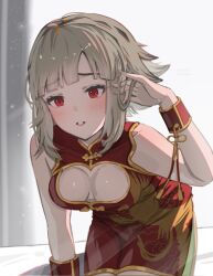 Rule 34 | 1girl, blush, breasts, china dress, chinese clothes, cleavage, cleavage cutout, clothing cutout, dress, fire emblem, fire emblem heroes, grey hair, highres, looking at viewer, medium breasts, nintendo, official alternate hairstyle, red eyes, short hair, sidelocks, solo, tagme, veronica (fire emblem)