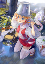 Rule 34 | 1girl, 77gl, alternate color, blonde hair, blue eyes, breasts, bucket, bucket on head, cat, chen, chen (cat), contemporary, feathers, female focus, frog, hair ribbon, hat, hat basket, unworn hat, unworn headwear, highres, kneeling, looking at viewer, moriya suwako, nyoro~n, object on head, open mouth, ribbon, ripples, sandals, scarf, short hair, solo, thighhighs, touhou, white thighhighs