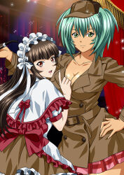 Rule 34 | 2girls, :d, alternate costume, aqua hair, blunt bangs, bow, breasts, brown coat, brown eyes, brown hair, brown headwear, capelet, cleavage, closed mouth, coat, collarbone, detective, green eyes, hair bow, hair ribbon, hand on own hip, hat, holding, ikkitousen, index finger raised, large breasts, long hair, looking at viewer, mini hat, miniskirt, multiple girls, open mouth, plaid, plaid skirt, pleated skirt, red bow, ribbon, ryofu housen, short sleeves, skirt, smile, standing, ten&#039;i (ikkitousen), white bow, white capelet, white ribbon