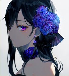 Rule 34 | 1girl, achiki, bad id, bad twitter id, bare shoulders, black hair, choker, closed mouth, dress, earrings, eyelashes, flower, from side, grey background, hair flower, hair ornament, hair ribbon, jewelry, long hair, looking at viewer, makeup, mole, mole under mouth, original, purple eyes, purple flower, ribbon, see-through, simple background, solo, strapless, strapless dress, upper body