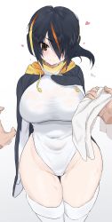 Rule 34 | 1girl, arm at side, black hair, breasts, brown eyes, cardigan, closed mouth, covered navel, curvy, disembodied hand, drawstring, dripping, emperor penguin (kemono friends), eyelashes, eyes visible through hair, gradient background, groin, hair over one eye, hand on own chest, hand up, head tilt, headphones, heart, highleg, highleg leotard, highres, holding, holding towel, hood, hood down, hooded cardigan, kakanashi1, kemono friends, kneehighs, large breasts, leotard, long sleeves, looking at viewer, medium hair, multicolored hair, open cardigan, open clothes, parted bangs, pov, red hair, smile, socks, solo focus, streaked hair, taut clothes, taut leotard, thigh gap, towel, two-tone hair, wet, wet clothes, wet face, wet hair, white leotard