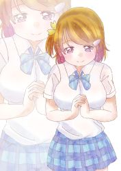 Rule 34 | 1girl, absurdres, aqua bow, artist name, artist request, blue bow, blue skirt, blush, bow, bowtie, breasts, brown hair, checkered clothes, checkered skirt, collared shirt, dress, female focus, fingers together, hair between eyes, hair ornament, hairclip, highres, koizumi hanayo, love live!, love live! school idol project, medium breasts, miniskirt, otonokizaka school uniform, own hands together, parted lips, plaid, plaid skirt, pleated, pleated skirt, purple eyes, school uniform, shirt, short hair, short sleeves, skirt, smile, solo, striped, striped bow, white background, white shirt